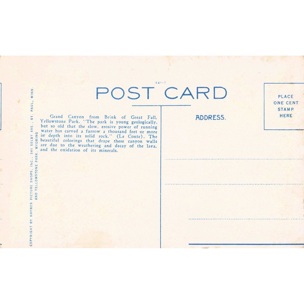Yellowstone National Park WY Grand Canyon Brink Great Fall Haynes Linen Postcard - Picture 2 of 2